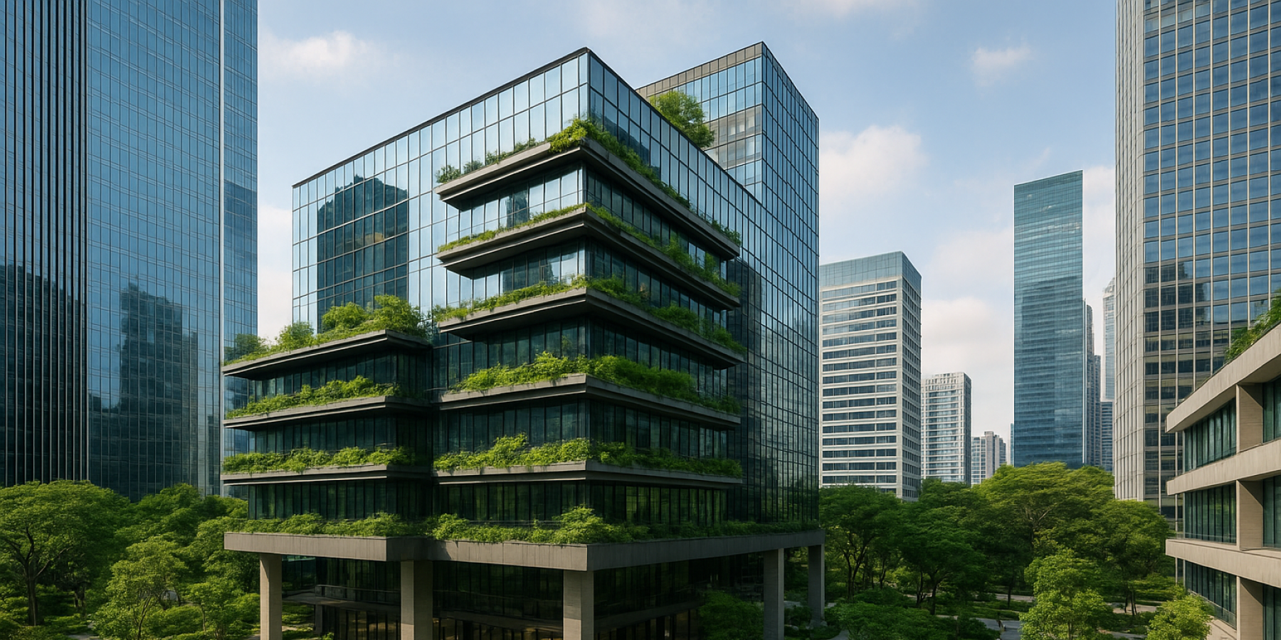 Green office building with rooftop greenery, illustrating sustainable built environment development.